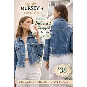 CELLO Distressed Cropped Denim Jacket Raw Hem Blue Size Large